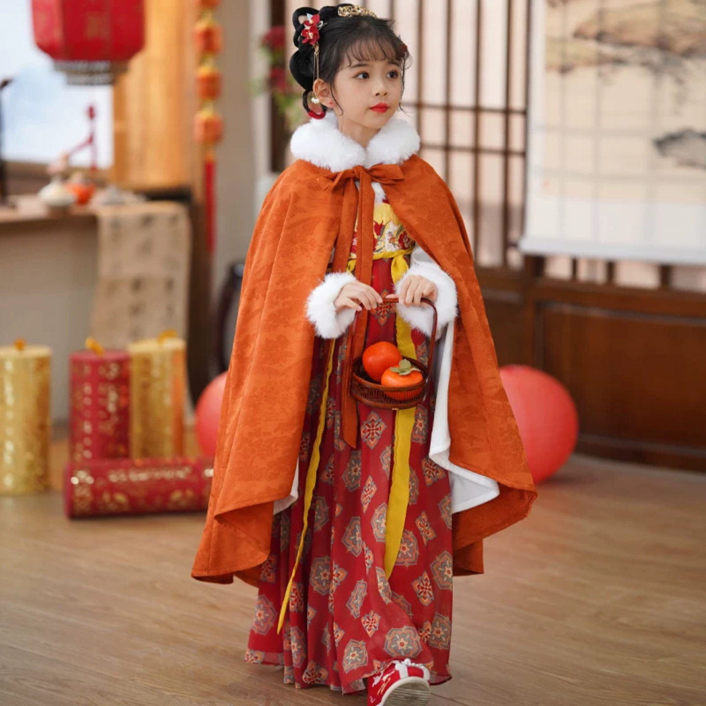 原创女童汉服女春秋2026年新中式喜庆衣服儿童中国风加厚披风襦裙