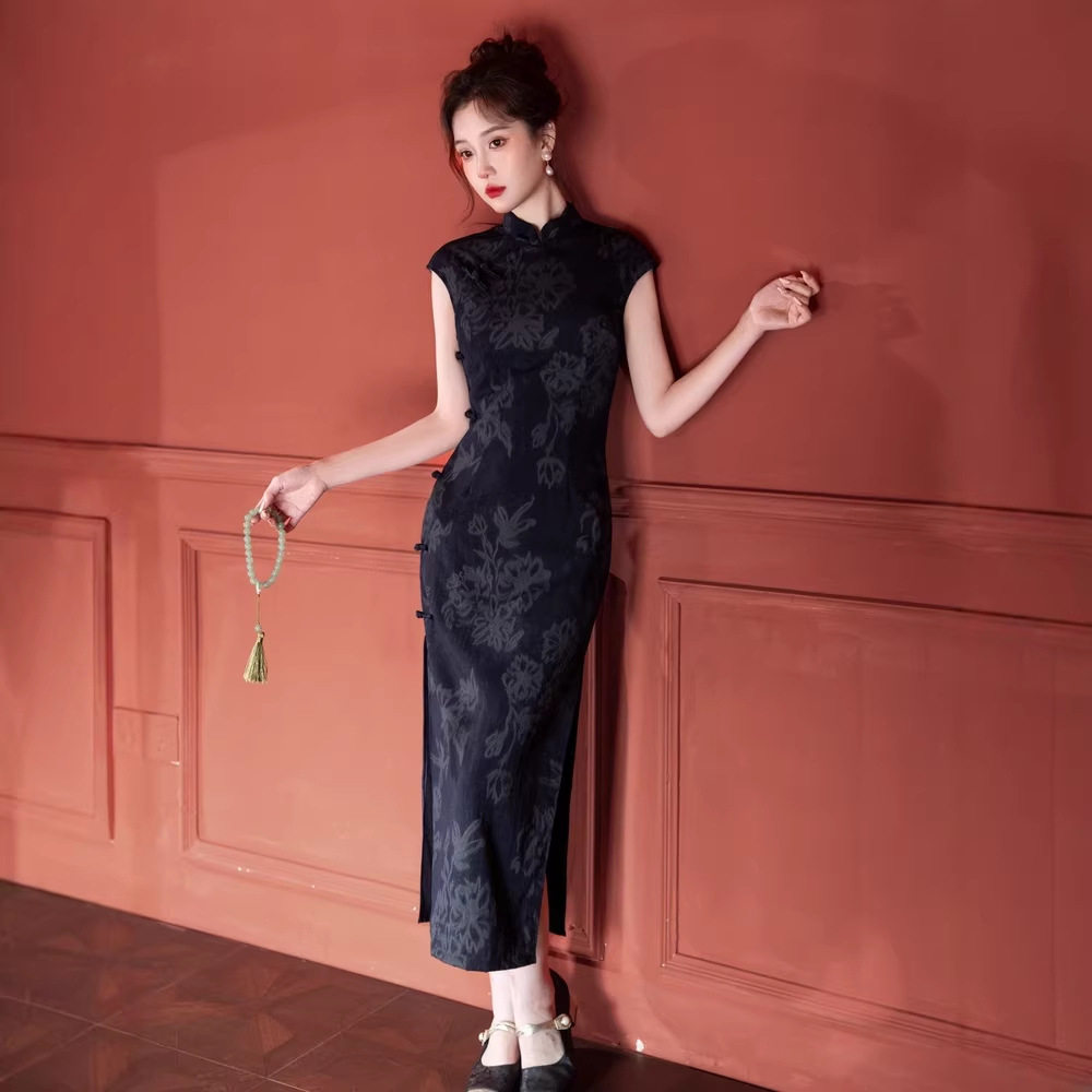 新中式国风大花改良旗袍年轻款气质修身显瘦无袖藏青连衣裙