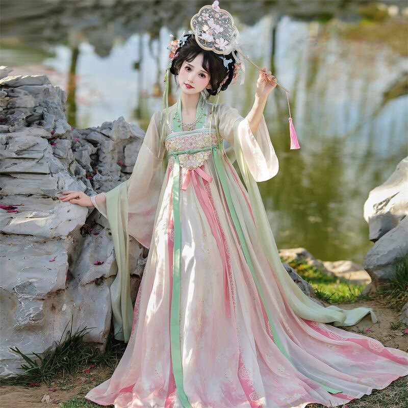 新品桃夭柳依女士汉服唐制齐胸仙气绣花襦裙日常印花春夏薄款套装