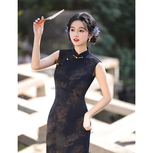 中国风日常无袖烫金旗袍简约气质显瘦复古年轻小个子连衣裙女