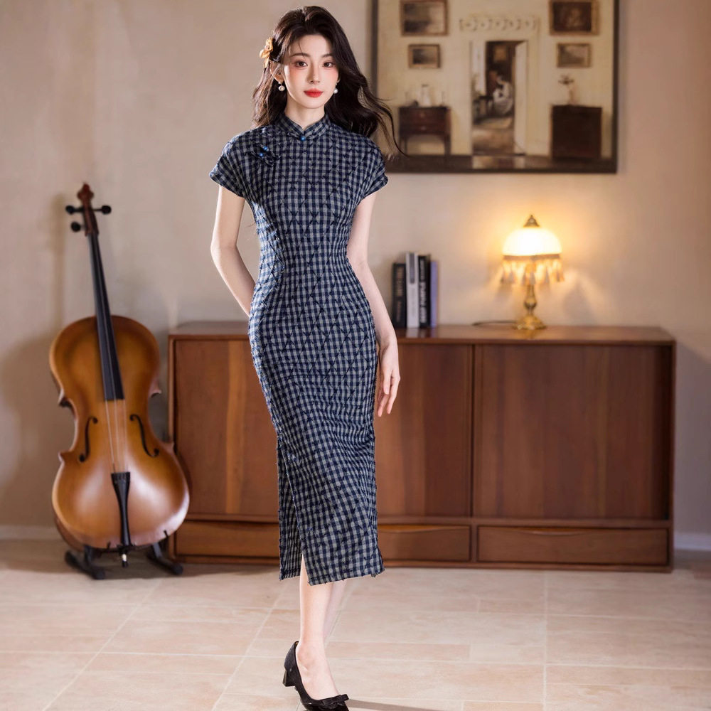 靓依铺2026新款格子旗袍新中式古法修身显瘦文艺夏季短袖小个子