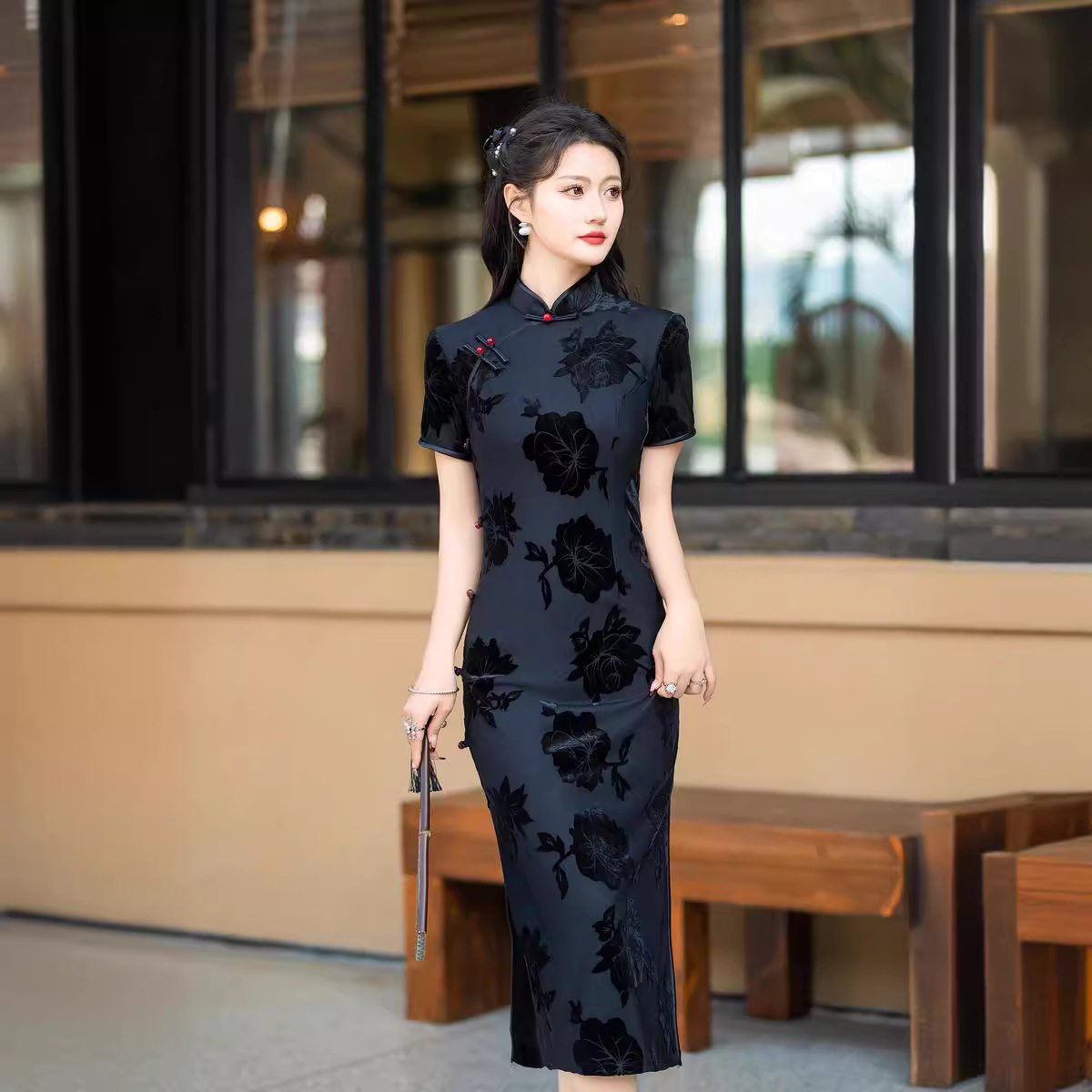 靓依铺2026黑色春夏秋新款中老年女士短袖旗袍长款复古改良旗袍裙