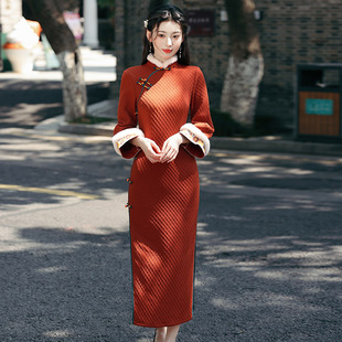 红色加绒加厚冬装国风中式长款长袖旗袍2026新款年轻款女复古