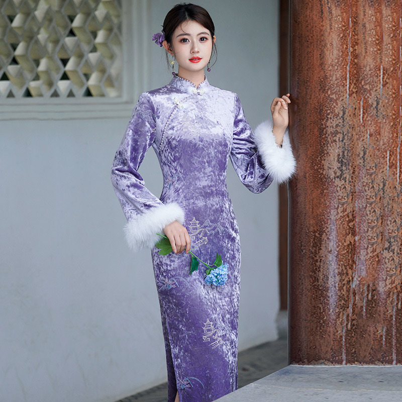 紫色加绒国风苏州长袖改良旗袍冬季厚款女新中式2025新款复古秋冬