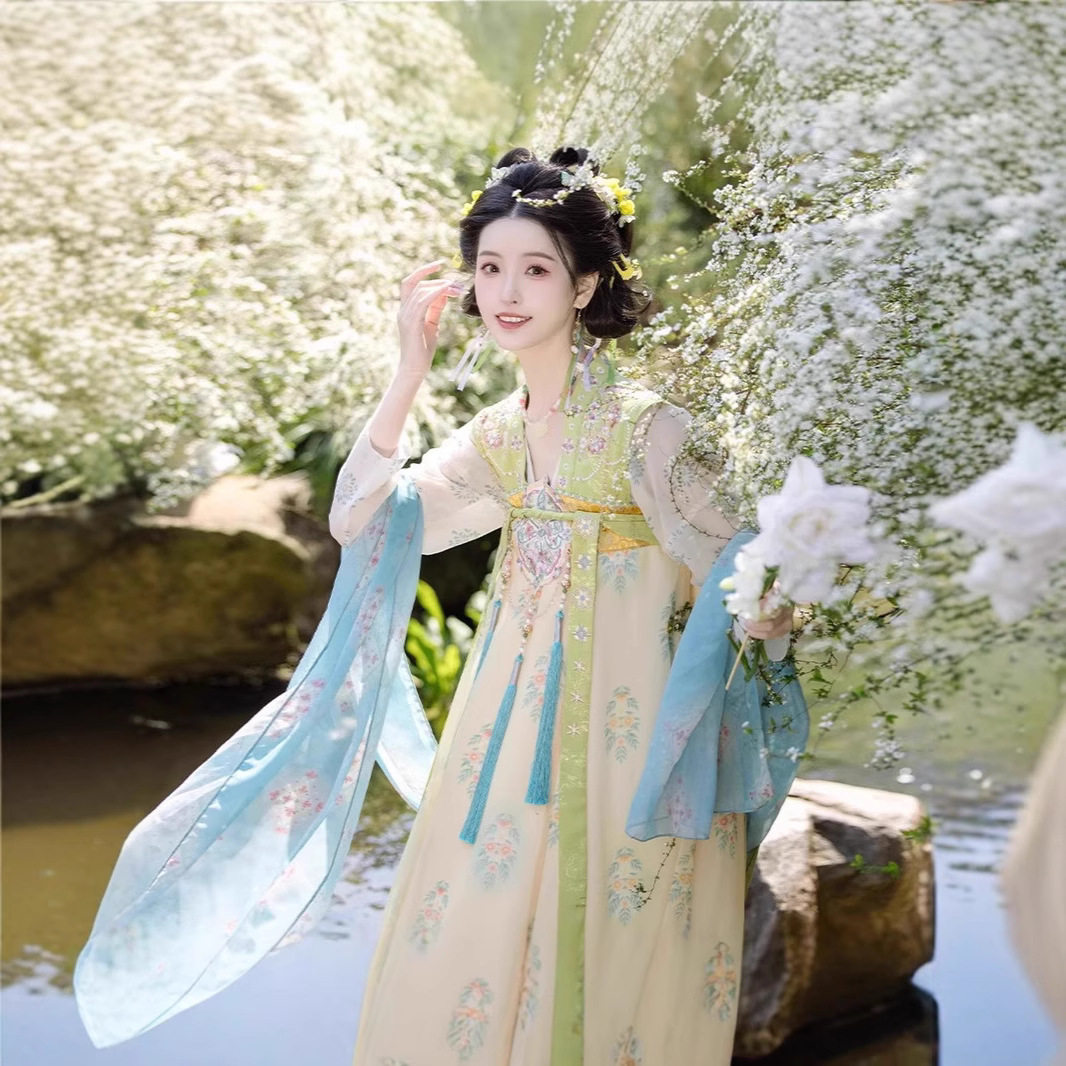 复原感唐制齐胸汉元素连衣裙原创印花披帛套装日常仙气夏季款