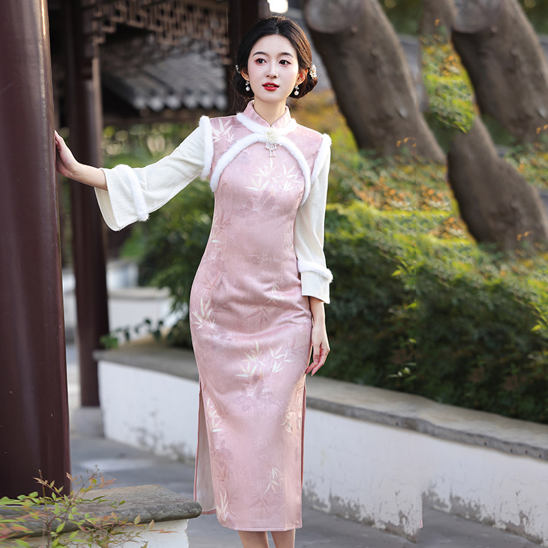 粉色加绒国风苏州长袖改良旗袍冬季厚款女新中式2025新款复古秋冬