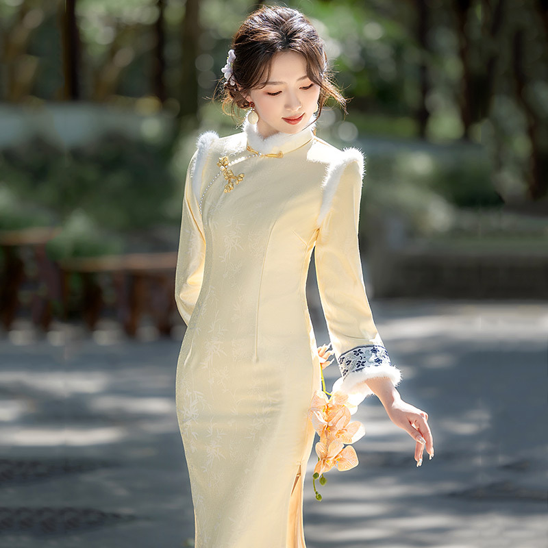黄色加绒国风苏州长袖改良旗袍冬季厚款女新中式2025新款复古秋冬
