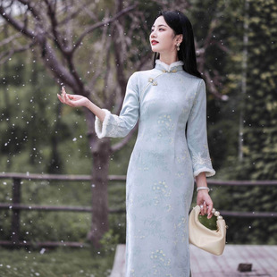 靓依铺秋冬蓝色旗袍冬装女新中式冬天加绒加厚小个子长袖日常