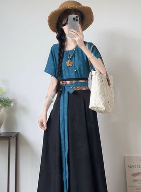 洛竹【莺雀】唐制圆领短袖汉服套装女夏季日常显瘦古风女装蓝色