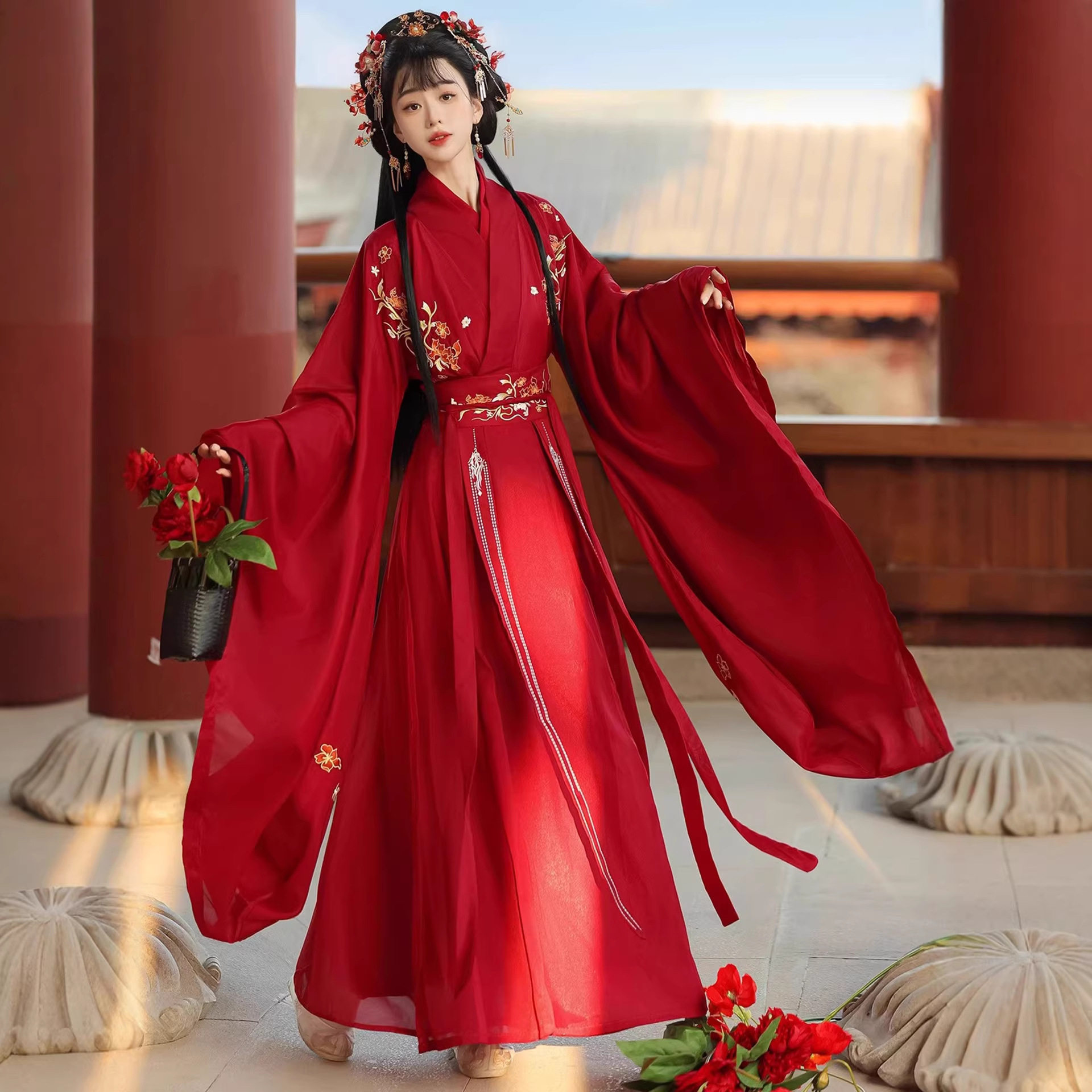 原创魏晋风红色花嫁汉服重工刺绣交领大袖衫全套cos演出日常古装