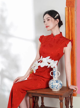 现货改良红色旗袍飞飞袖2026夏季新款送考时尚新娘敬酒服修身显瘦