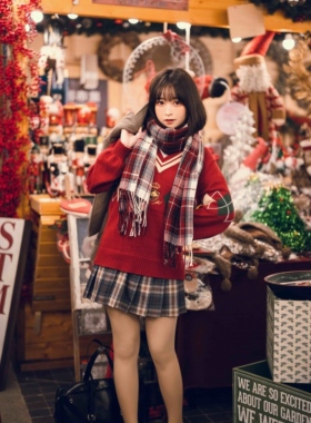 秋冬格子日系男女圣诞新年围巾