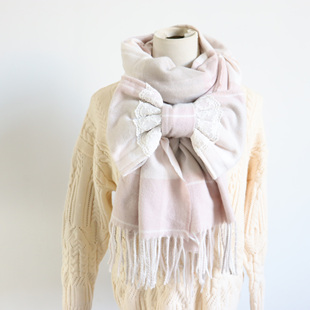 灰粉色蝴蝶结围巾格子披肩女流苏甜美软糯洛丽塔蕾丝可爱围脖日系