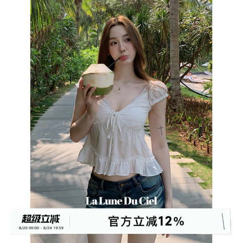 LaluneDuCiel蕾丝花边小飞袖上衣