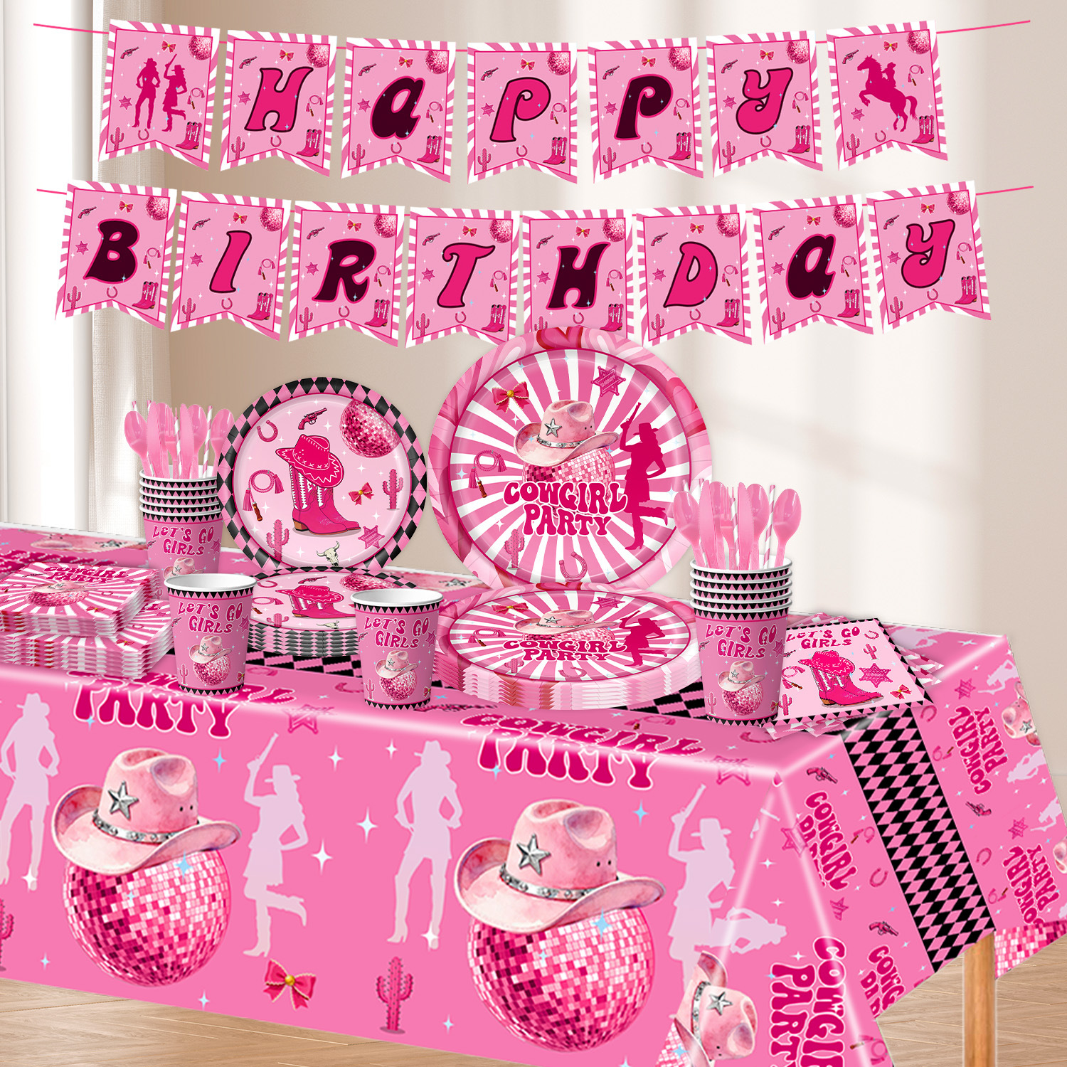 粉色牛仔主题儿童生日派对装饰品