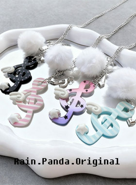 古早波点音符翅膀少女项链百搭甜美毛绒毛衣链挂链配饰