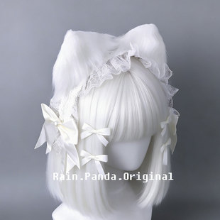 雨熊自制gothic白色毛绒猫耳蕾丝发带兽耳kc发饰