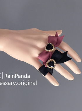 雨熊原创手作Gothic黑粉蝴蝶结戒指哥特暗黑宝石戒指指环