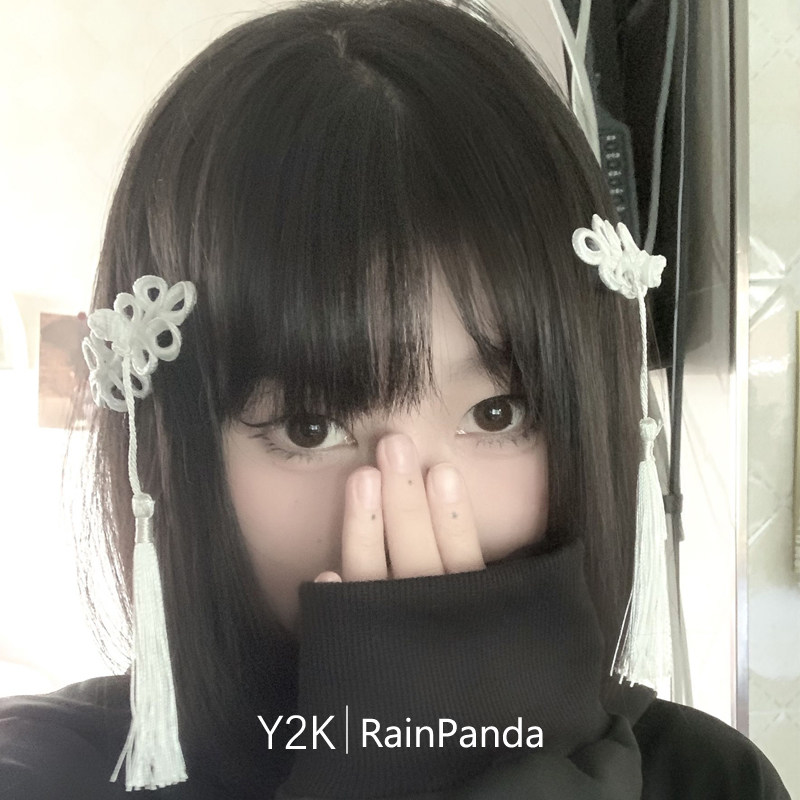 雨熊手作 少女Y2K千禧自制中华风盘扣流苏发夹黑白日系二次元发饰