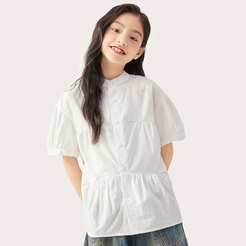 纯一良品童装女童短袖衬衫夏季新品中大童女孩透气甜美百搭白衬衣