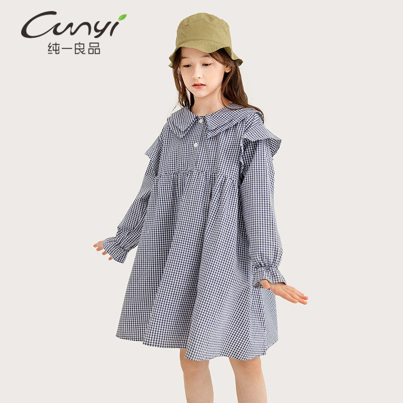 纯一良品童装女童黑白格连衣裙2024春装新品中大童甜美翻领萝莉裙
