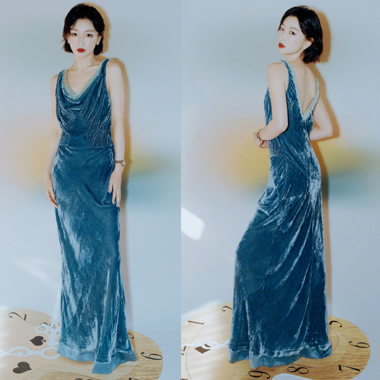 周冬雨同款蓝色丝绒连衣裙V领露背流苏钉珠绝美收腰长款吊带裙女