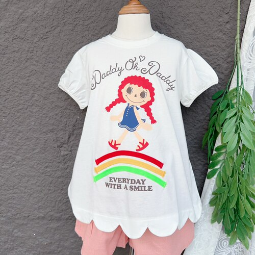 微瑕疵 日系Daddy女童纯棉短袖卡通彩虹贴布绣波浪边宽松A字T恤