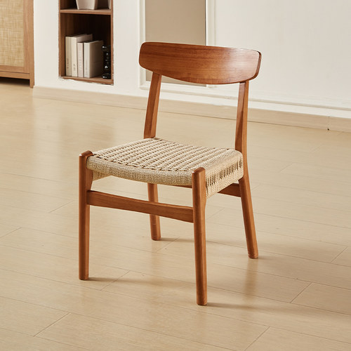 北欧实木中古餐椅法式复古绳编椅