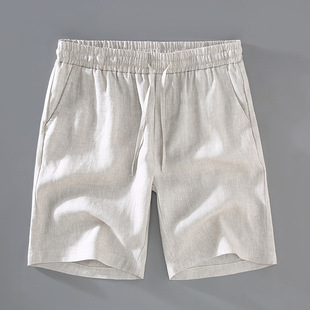 麻料五分裤 夏季 子男沙滩裤 中裤 衩 100%纯亚麻短裤 宽松休闲大裤 男士