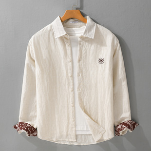 春夏轻薄透气凉感衬衣棉麻衬衣外套潮 男长袖 薄款 腰果花纹亚麻衬衫