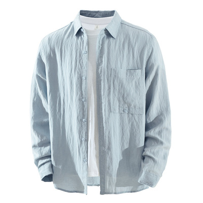 日系亚麻纯色长袖衬衫