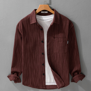 衬衫 100%纯棉高级感日系竹节纹衬衫 长袖 宽松复古上衣工装 外套男士