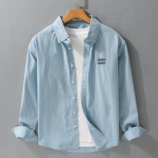 棉质休闲纯色百搭清打底男衬衣外套 衬衫 100%纯棉春秋简约男式 长袖