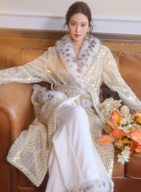 原创蛇纹烫金豹纹法兰绒睡袍系带两件套装珊瑚绒可外穿家居服秋新