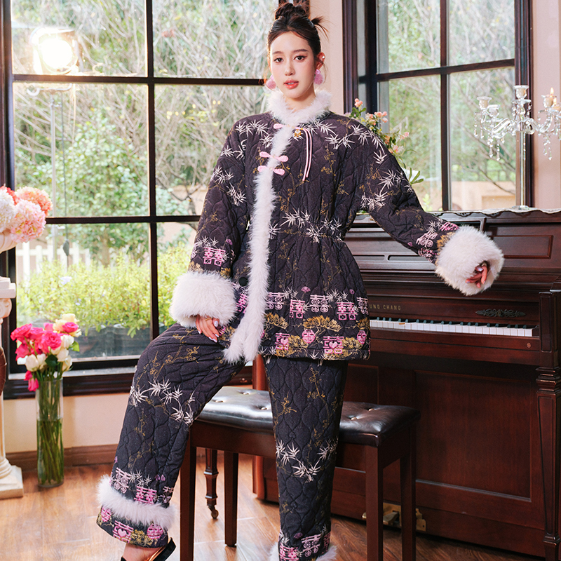 原创新中式盘扣印花三层夹棉加厚睡衣两件套撞色加绒加棉家居服冬