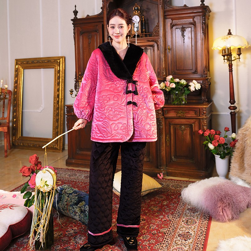 原创高级感新中式满绣花鸟三层加厚夹棉睡衣两件套冬新家居服套装