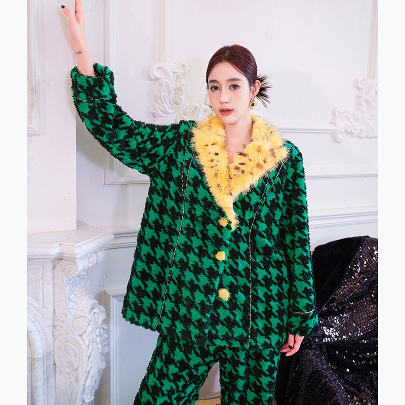 豹纹撞色千鸟格睡衣家居服