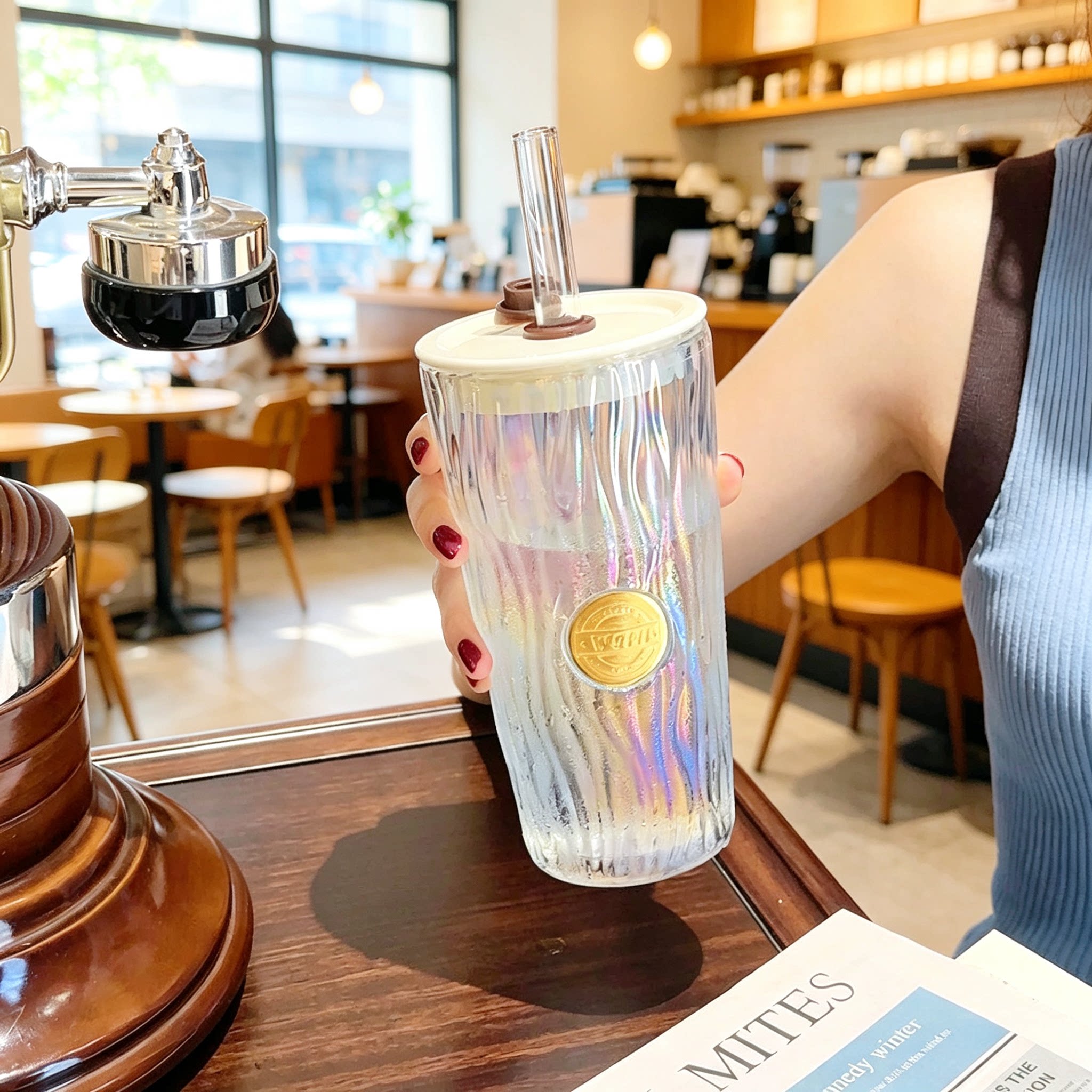 高颜值女生玻璃吸管杯