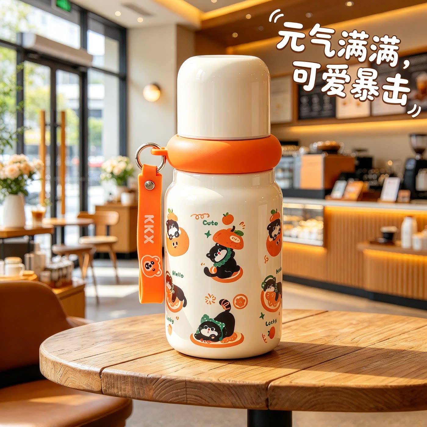 卡通可爱保温杯防摔提绳
