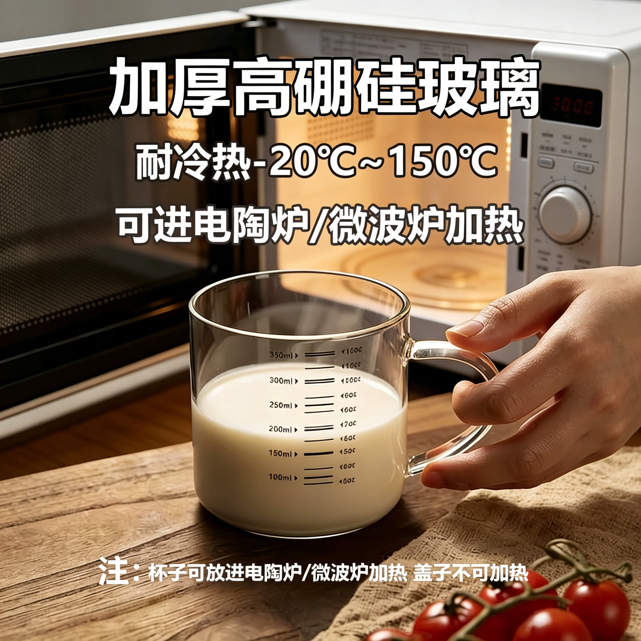 带刻度牛奶杯微波炉可加热高硼硅玻璃杯带把手大容量咖啡杯耐高温