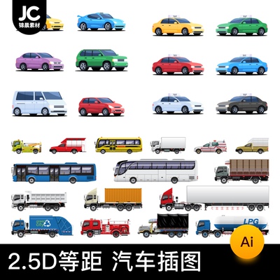 2.5d等距新能源汽车货车火车动车飞机自行车交通工具ai矢量素材