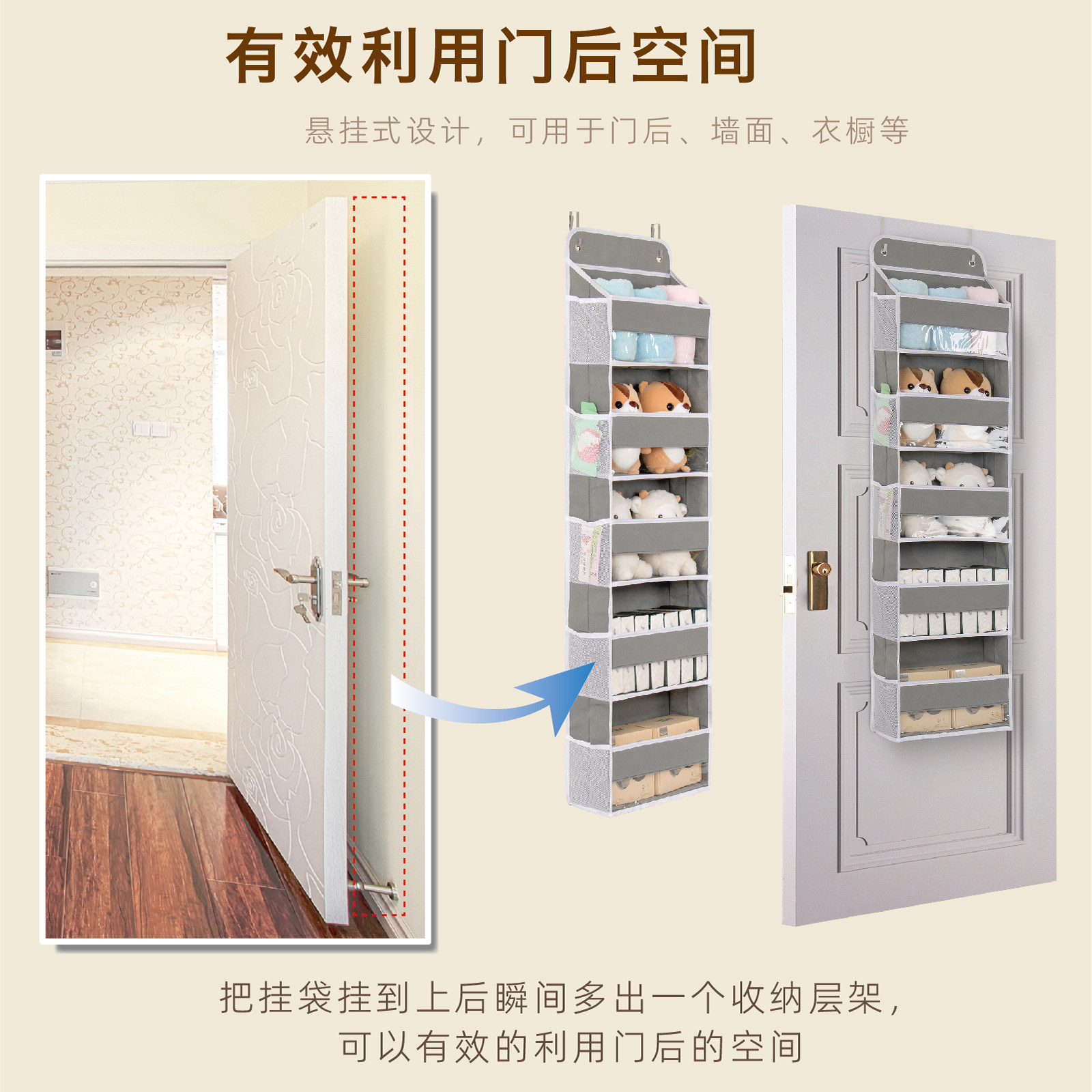 文艺欧式门后折叠多格层收纳挂袋