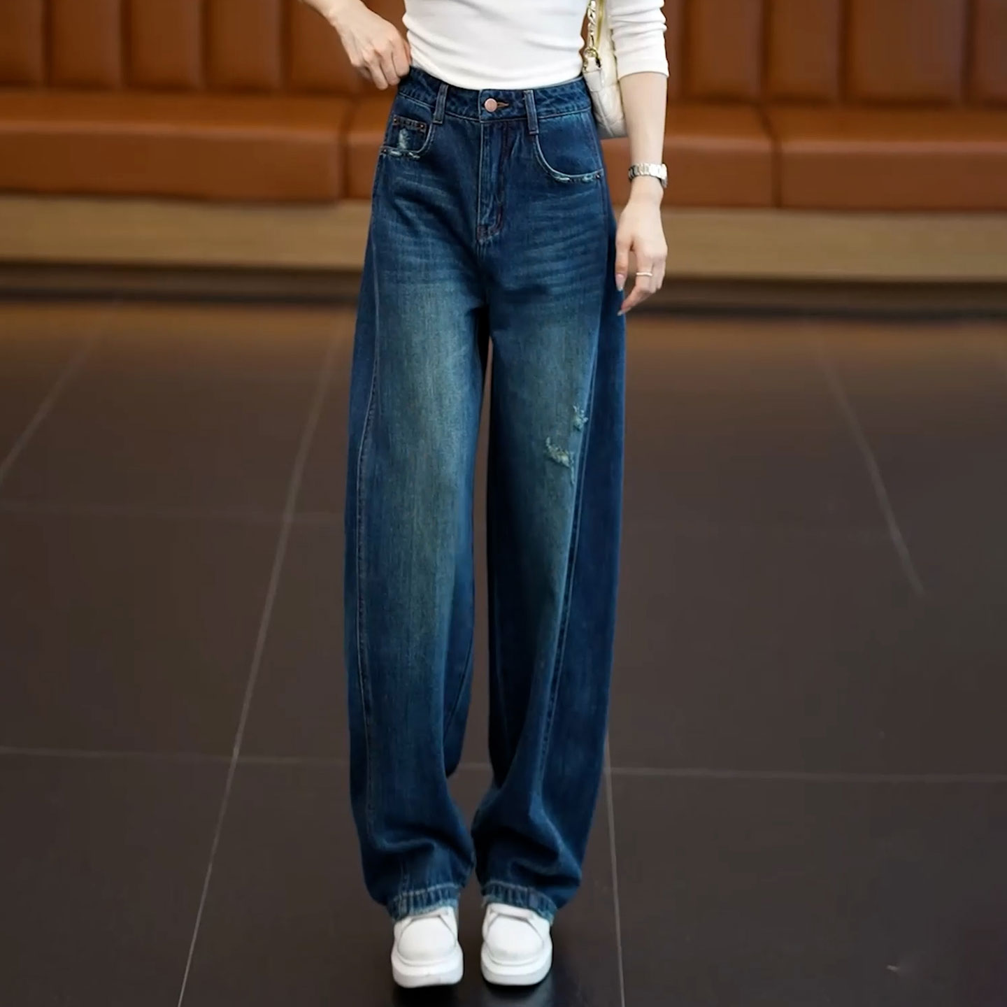 复古破洞阔腿牛仔裤女2026秋季