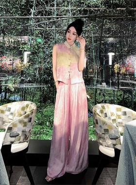 今年流行漂亮时尚高级感小香风新中式国风粉色马甲阔腿裤套装女夏