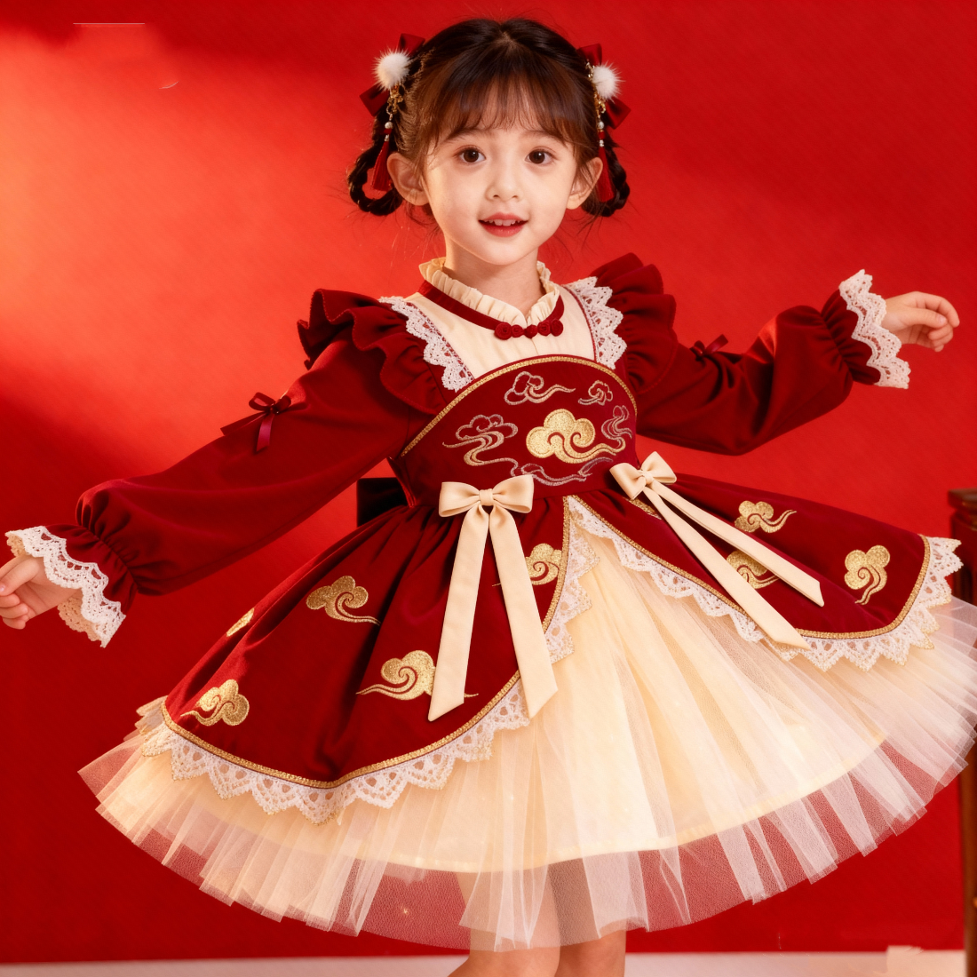 女童2026秋冬新款祥云刺绣新年装女孩喜庆新中式国风洛丽塔公主裙,童装/婴儿装/亲子装,连衣裙,淘宝优惠券,粉丝福利购,淘宝优惠卷