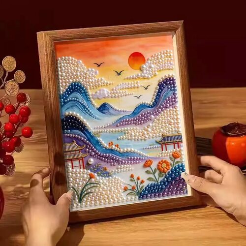 落日河山珍珠画钻石画闺蜜情侣礼物生日礼物花卉风景桌面装饰摆件