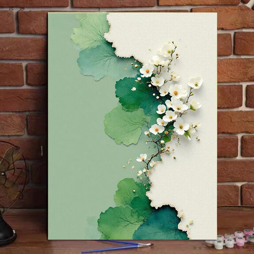 森系绿叶白花diy数字油画治愈系手工丙烯画0基础涂色画填色挂画