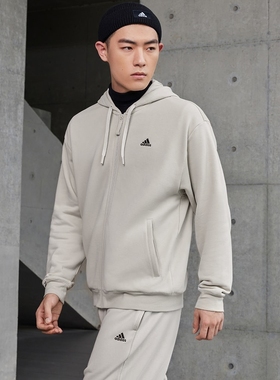 Adidas/阿迪达斯 休闲长袖春秋纯色拉链夹克连帽男款矾土棕IV7604