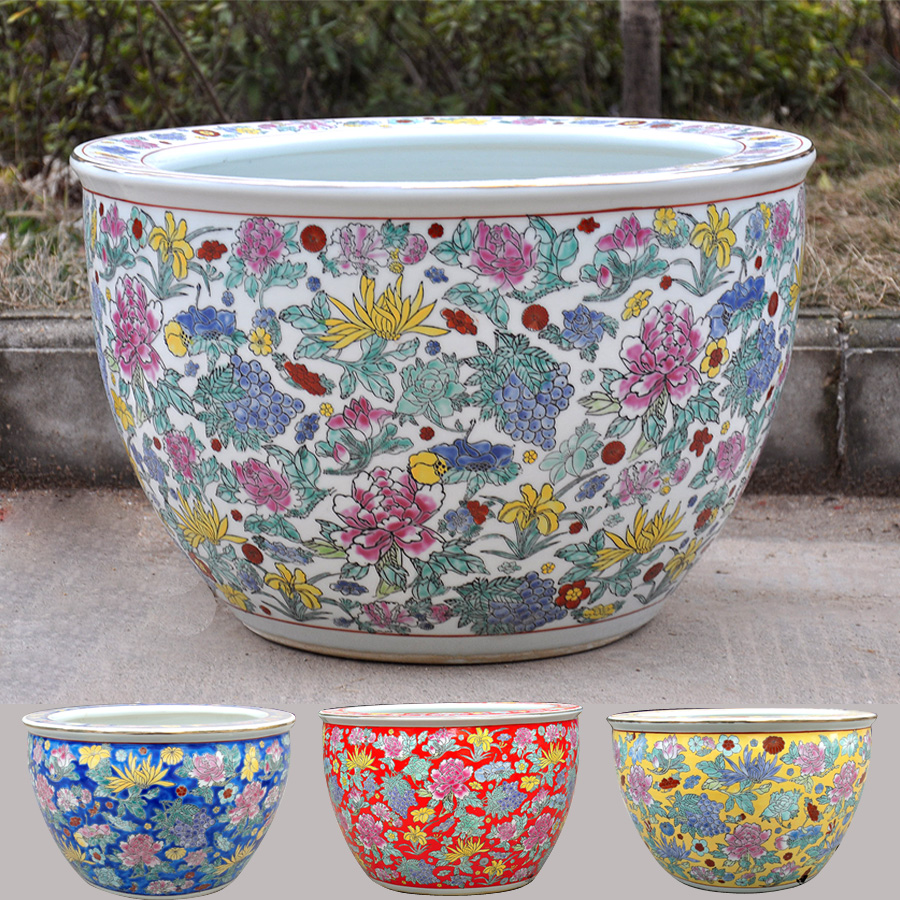 鱼缸手绘粉彩金鱼缸乌龟风水睡莲缸瓷器中国风荷花缸