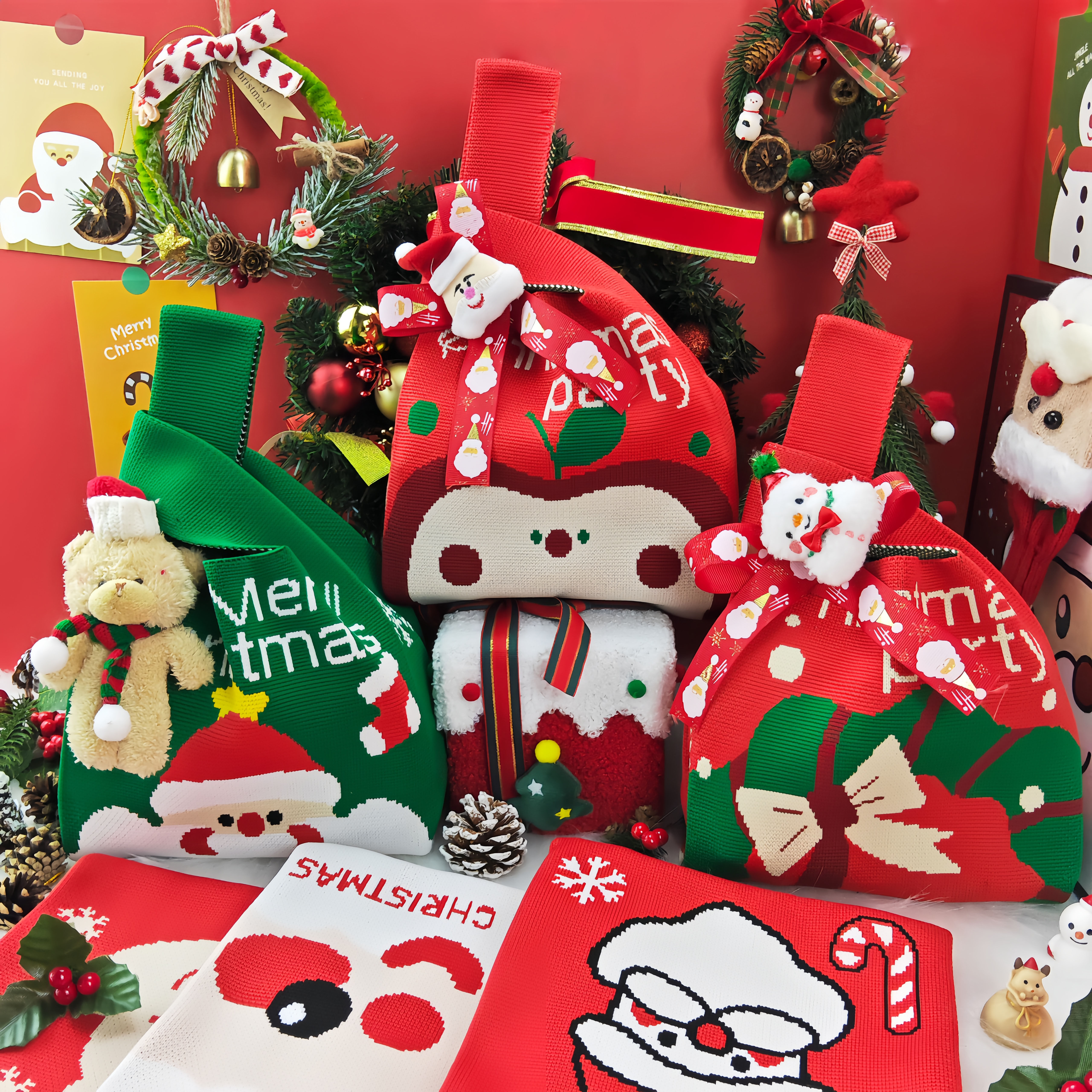 圣诞节针织礼品袋平安夜糖果袋礼物袋大容量针织手腕包手提包新年